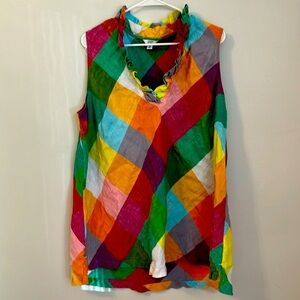 Crown and Ivy Linen Ruffle sleeveless blouse colorful madras print 4x